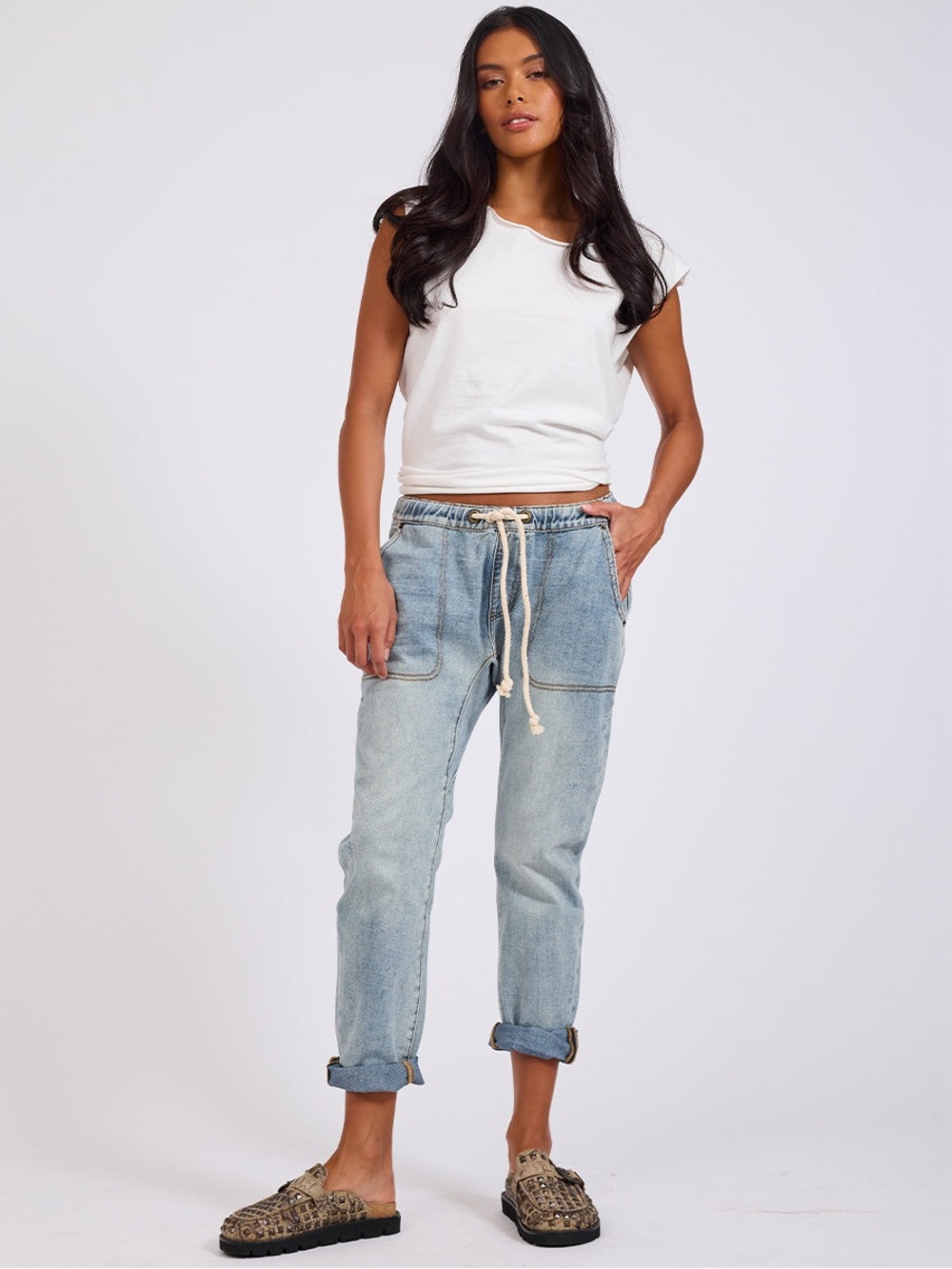 One Teaspoon Shabbies Low Waist Drawstring Boyfriend Denim Jeans - Size: Large
